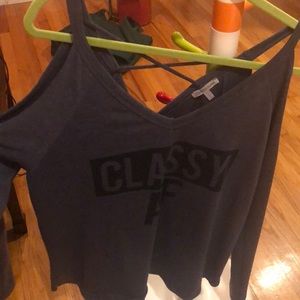 Blue sweater shoulder cut